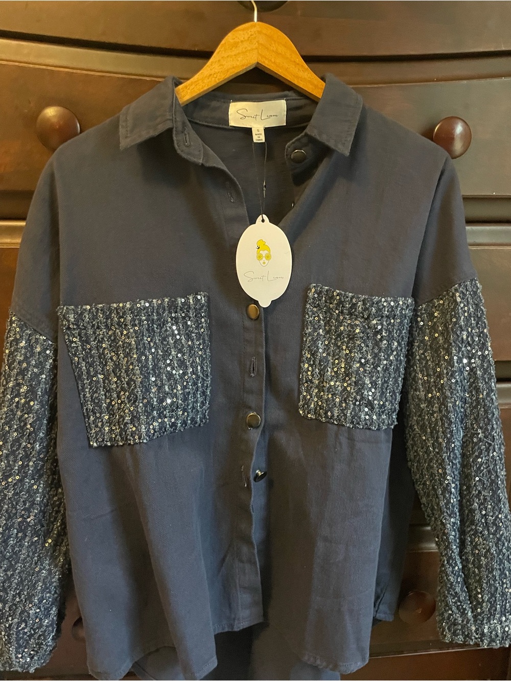 Navy Sequin-Pocket Shirt Jacket